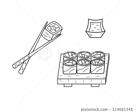 Sushi and rolls set doodle style. Vector illustration of Japanese Asian cuisine, menu icons for restaurants. 114081348