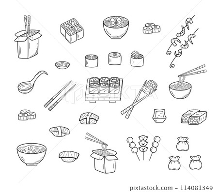 Asian food set doodle style. Vector illustration of Japanese Chinese Taiwanese cuisine menu for restaurants. 114081349