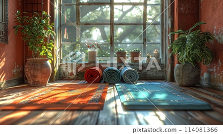 Yoga mats are spread out on the wooden floor in the room. International Yoga Day 114081366