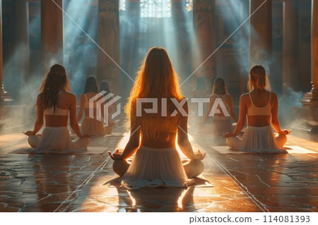 A group of young girls practicing yoga in the sunlight perform Padmasana exercises, lotus position A group of young girls practicing yoga in the sunlight perform Padmasana exercises, lotus position 114081393