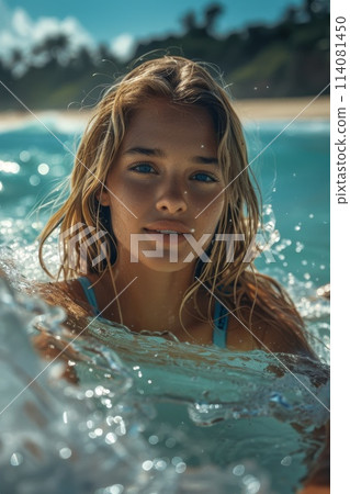 Portrait of a beautiful girl floating in the water and smiling at the camera. The concept of a summer vacation at sea 114081450