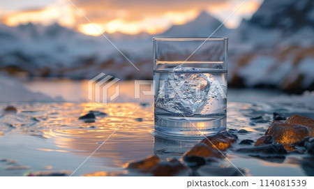 A transparent glass glass with drinking mountain water on the background of snow-capped mountains. The concept of drinking mineral water 114081539