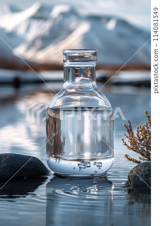 A transparent glass glass with drinking mountain water on the background of snow-capped mountains. The concept of drinking mineral water 114081549