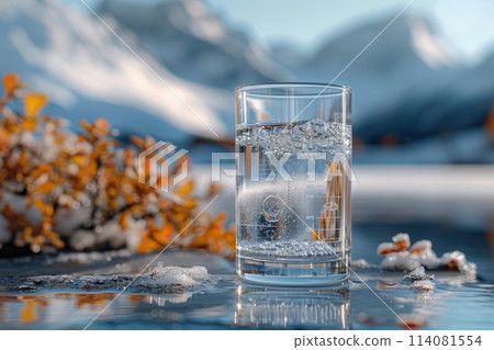 A transparent glass glass with drinking mountain water on the background of snow-capped mountains. The concept of drinking mineral water 114081554