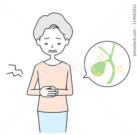 Illustration of a senior woman suffering from gallstones 114081652