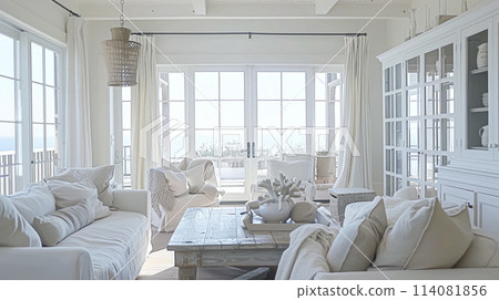 Interior of a living room with white walls, sofa and cushions. Sitting room in coastal cottage with sea view. Luxury lounge room Interior of a living room with white walls, sofa and cushions. Sitting room in coastal cottage with sea view. Luxury lounge room 114081856