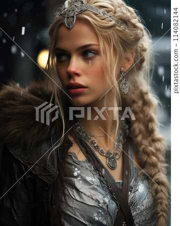 Portrait of a female Viking warrior, female medieval Scandinavian seafaring mariner Swedish, Norwegian and Danish Vikings, attractive bold warlike beautiful courage bravery bravery outlaw . Portrait of a female Viking warrior, female medieval Scandinavian seafaring mariner Swedish, Norwegian and Danish Vikings, attractive bold warlike beautiful courage bravery bravery outlaw . 114082144