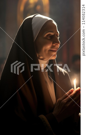 Religious concept, person prays to god, nun, faith bible, church. member of religious community of laurel monastery, penance 114082314