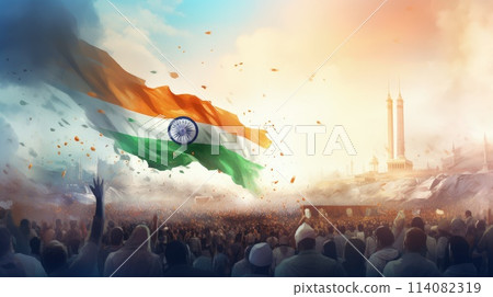 India Republic Day. A vibrant scene unfolds on India Republic Day: Tri-color flags flutter in the patriotic breeze as people celebrate democracy, unity, and national pride. India Republic Day. A vibrant scene unfolds on India Republic Day: Tri-color flags flutter in the patriotic breeze as people celebrate democracy, unity, and national pride. 114082319