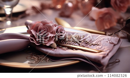 Table setting, harmonious combination of ornaments, dining for various events, wedding invitations, banquet christening, birthday parties. banner, copy space, background, text 114082326