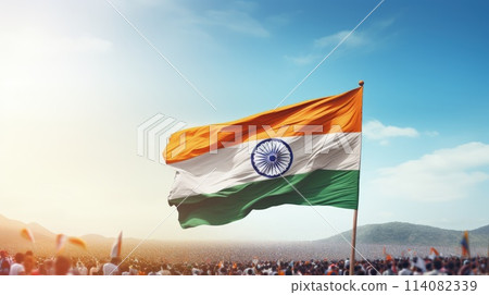 India Republic Day. A vibrant scene unfolds on India Republic Day: Tri-color flags flutter in the patriotic breeze as people celebrate democracy, unity, and national pride. India Republic Day. A vibrant scene unfolds on India Republic Day: Tri-color flags flutter in the patriotic breeze as people celebrate democracy, unity, and national pride. 114082339