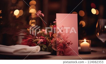 Table setting, harmonious combination of ornaments, dining for various events, wedding invitations, banquet christening, birthday parties. banner, copy space, background, text 114082353