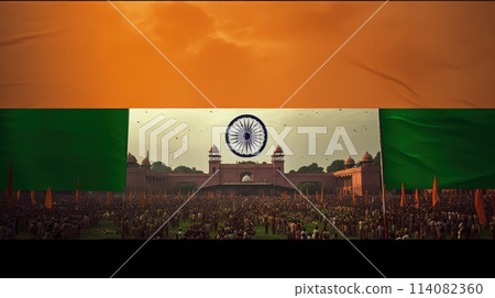 India Republic Day. A vibrant scene unfolds on India Republic Day: Tri-color flags flutter in the patriotic breeze as people celebrate democracy, unity, and national pride. 114082360