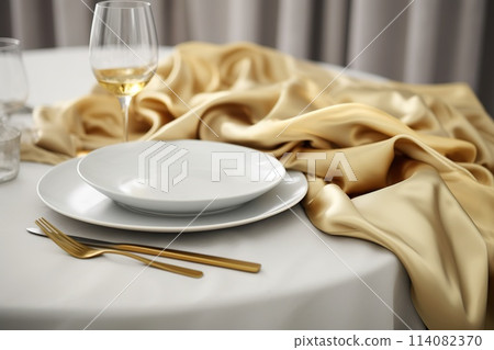 Table setting, harmonious combination of ornaments, dining for various events, wedding invitations, banquet christening, birthday parties. banner, copy space, background, text 114082370