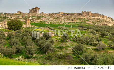 General views of ancient city Dougga in Tunisia. Best-preserved Roman town in North Africa General views of ancient city Dougga in Tunisia. Best-preserved Roman town in North Africa 114082410