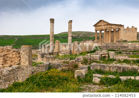 Remains of Capitol Temple of Dougga in Tunisia under cloudy sky 114082453