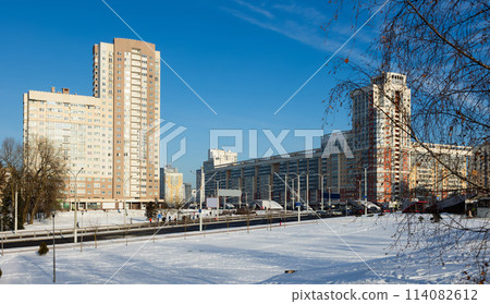 Modern residential area Malinovka and cars on the wide street in capital Minsk. Republic of Belarus Modern residential area Malinovka and cars on the wide street in capital Minsk. Republic of Belarus 114082612