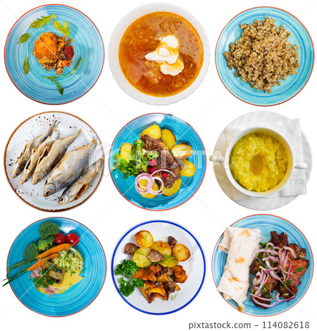 Set of Russian cuisine dishes at plates isolated on white 114082618