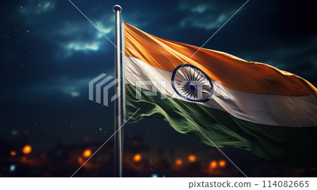 India Republic Day. A vibrant scene unfolds on India Republic Day: Tri-color flags flutter in the patriotic breeze as people celebrate democracy, unity, and national pride. 114082665
