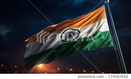India Republic Day. A vibrant scene unfolds on India Republic Day: Tri-color flags flutter in the patriotic breeze as people celebrate democracy, unity, and national pride. 114082668