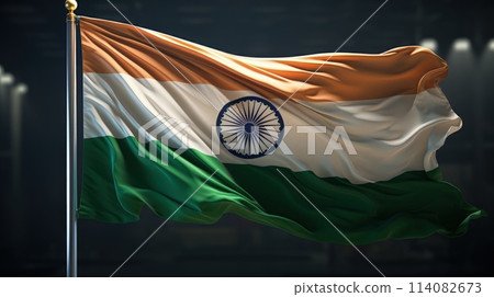 India Republic Day. A vibrant scene unfolds on India Republic Day: Tri-color flags flutter in the patriotic breeze as people celebrate democracy, unity, and national pride. 114082673