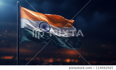 India Republic Day. A vibrant scene unfolds on India Republic Day: Tri-color flags flutter in the patriotic breeze as people celebrate democracy, unity, and national pride. 114082685