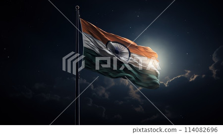 India Republic Day. A vibrant scene unfolds on India Republic Day: Tri-color flags flutter in the patriotic breeze as people celebrate democracy, unity, and national pride. 114082696