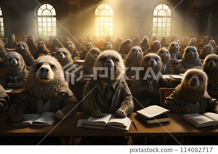 Whimsical world imagining animals in human roles playful anthropomorphic scenes creative and comical wildlife in human situations surreal and amusing animal behavior fantasy illustrations of animals. 114082717