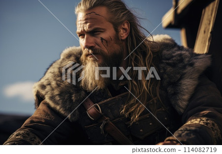 Viking warrior man, chronicles of viking warrior: saga of strength, valor, conquest in untamed north - a tale of fierce battles, epic journeys, and indomitable spirit of Norseman forging his destiny. 114082719