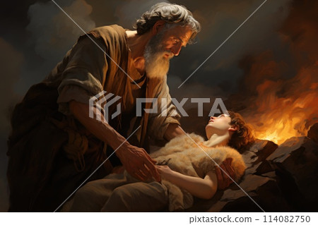 Abrahamic trial: tale of attempted sacrifice, Abraham's profound test faith obedience in offering Isaac to God on Mount Moriah, unraveling divine narrative of devotion and providential intervention. 114082750
