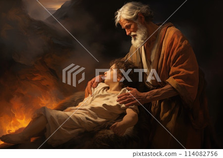 Abrahamic trial: tale of attempted sacrifice, Abraham's profound test faith obedience in offering Isaac to God on Mount Moriah, unraveling divine narrative of devotion and providential intervention. Abrahamic trial: tale of attempted sacrifice, Abraham's profound test faith obedience in offering Isaac to God on Mount Moriah, unraveling divine narrative of devotion and providential intervention. 114082756