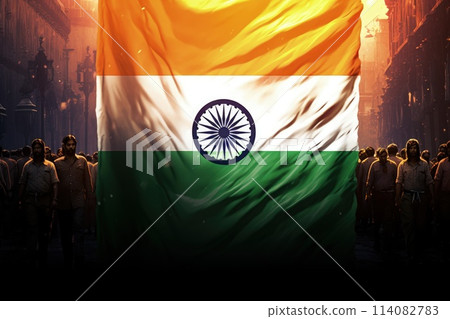India Republic Day. A vibrant scene unfolds on India Republic Day: Tri-color flags flutter in the patriotic breeze as people celebrate democracy, unity, and national pride. 114082783