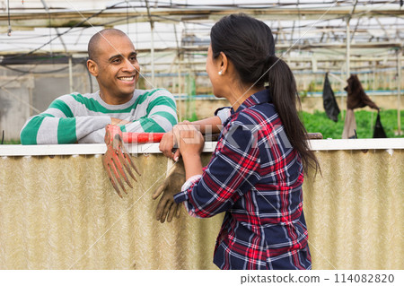 Male and female workers talking at vegetable factory 114082820