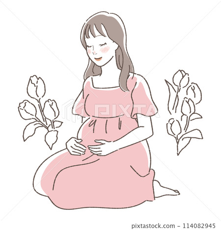An illustration of a pregnant woman happily touching her belly. 114082945