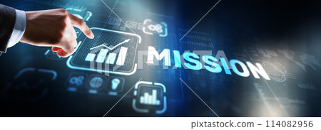 Businessman clicks on virtual screen Mission 114082956