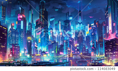 A slightly futuristic cityscape at night 114083049