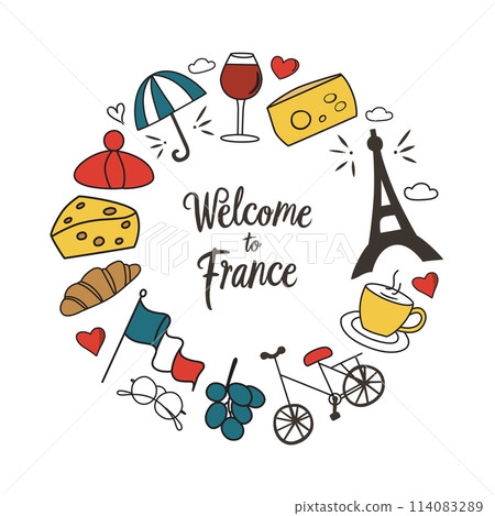 Welcome to France card, vector arrangement with croissant, Eifel tower, doodle icons of French symbols, layout of illustrations for print, poster or banner, template with lettering, Paris postcard Welcome to France card, vector arrangement with croissant, Eifel tower, doodle icons of French symbols, layout of illustrations for print, poster or banner, template with lettering, Paris postcard 114083289