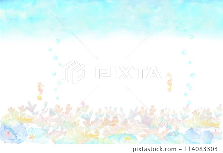 時尚的海洋框架與珊瑚礁和海馬。 114083303