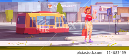 Woman travel in city with map and tram transport 114083469