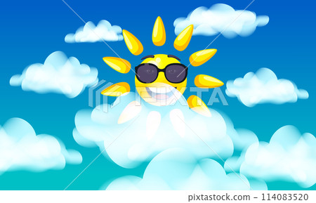 Sun in sunglasses character smiley cartoon, blue sky with clouds Sun in sunglasses character smiley cartoon, blue sky with clouds 114083520