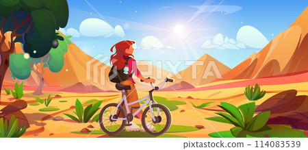 Female tourist with bicycle looking at sandy dunes Female tourist with bicycle looking at sandy dunes 114083539