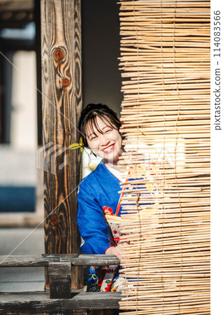 A beautiful young woman wearing a furisode kimono sitting on the veranda A beautiful young woman wearing a furisode kimono sitting on the veranda 114083566
