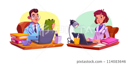 Man doctor on hospital desk with computer vector Man doctor on hospital desk with computer vector 114083646