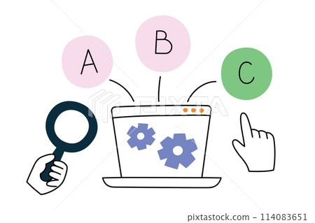 Online test composition, laptop screen with checkmarks icons, vector illustration of choosing right answer, taking exam on computer, school or college education, choice in questionnaire Online test composition, laptop screen with checkmarks icons, vector illustration of choosing right answer, taking exam on computer, school or college education, choice in questionnaire 114083651
