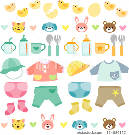 Baby goods and cute animal illustration set 114084152