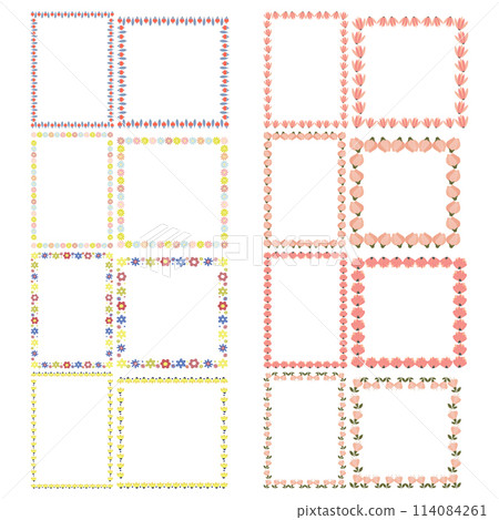 Minimalistic geometric floral empty frames collection. Square shapes with bright buds folk art. 114084261