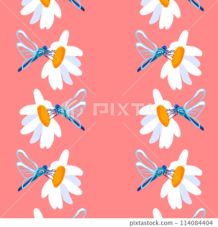 Seamless pattern dragonfly flower Spring summer Vertical pink background wild flowers poster banner postcard cover Fabric clothes wrapping wallpaper template Textile Vector 114084404
