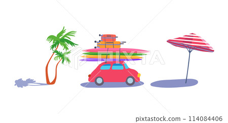 Set Isolated Red passenger retro car Suitcases surfboard Tropical palm tree Red white striped beach umbrella Clipart Flat vector Set Isolated Red passenger retro car Suitcases surfboard Tropical palm tree Red white striped beach umbrella Clipart Flat vector 114084406