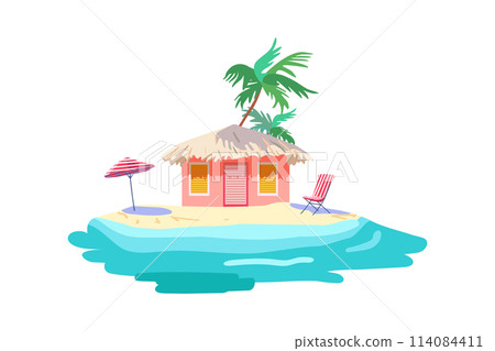 Isolated pink bungalow thatched roof Yellow sand Tropical palm Sea shore Beach umbrella chaise lounge Marine Flat vector print Poster poster clothing wallpaper Isolated pink bungalow thatched roof Yellow sand Tropical palm Sea shore Beach umbrella chaise lounge Marine Flat vector print Poster poster clothing wallpaper 114084411