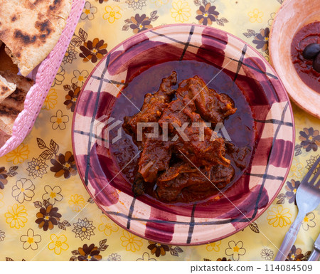 Chorba frik with lamb - traditional soup closeup, Tunisian cuisine 114084509